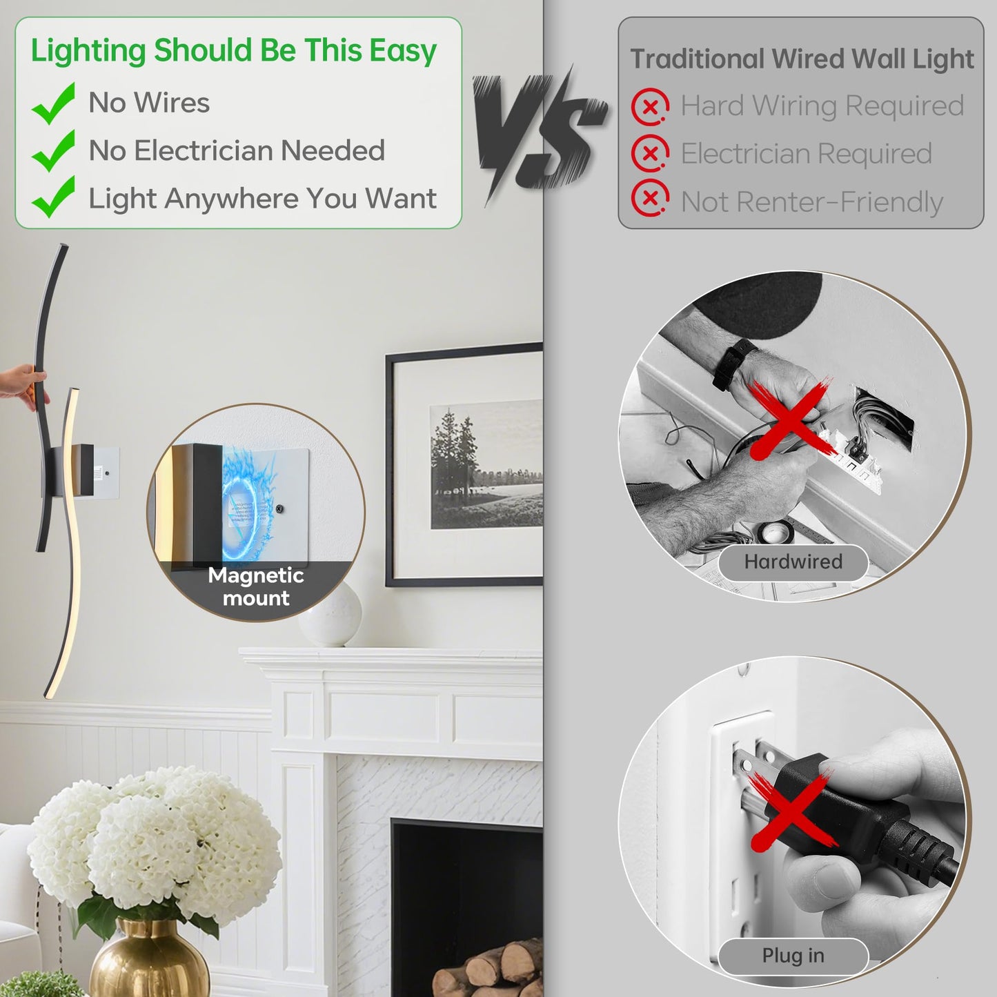 GLOTHOR Battery Operated Wall Sconce Set of 2, Dimmable Modern LED Rechargeable Wall Light with Remote Control, Wall Decor for Living Room, Hallway, Quick Install, No Electrician Required