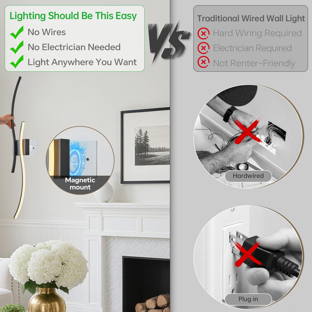 GLOTHOR Battery Operated Wall Sconces Set of 2, Dimmable Modern LED Rechargeable Wall Light with Remote Control, Wall Decor for Living Room, Hallway, Quick Install, No Electrician Required