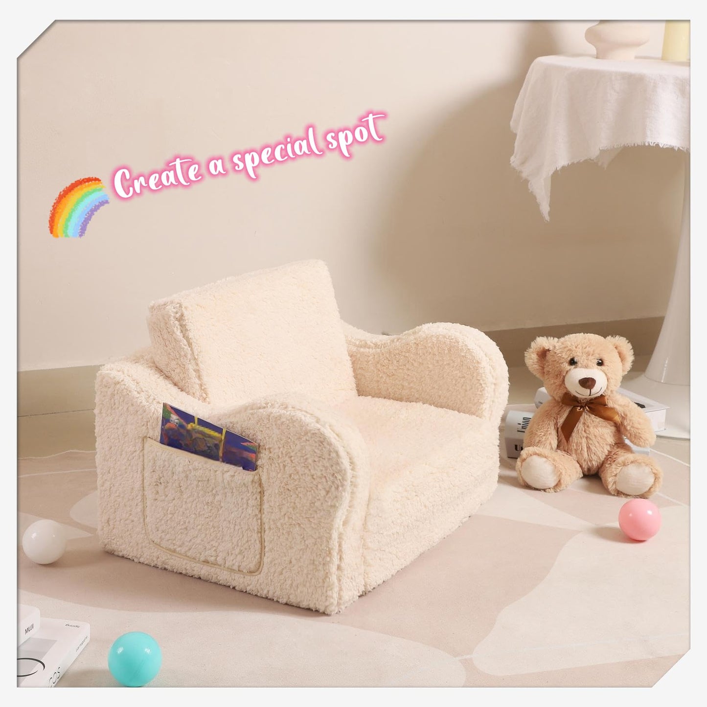 MOMCAYWEX Kids Sofa, 2-in-1 Flip-Out Foam Couch with Soft Sherpa Cover, Cozy Play Lounge Chair, Cream