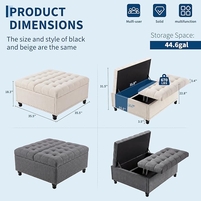 Garvee 36'' Large Square Storage Ottoman, Lift Top Storage Ottoman Coffee Table