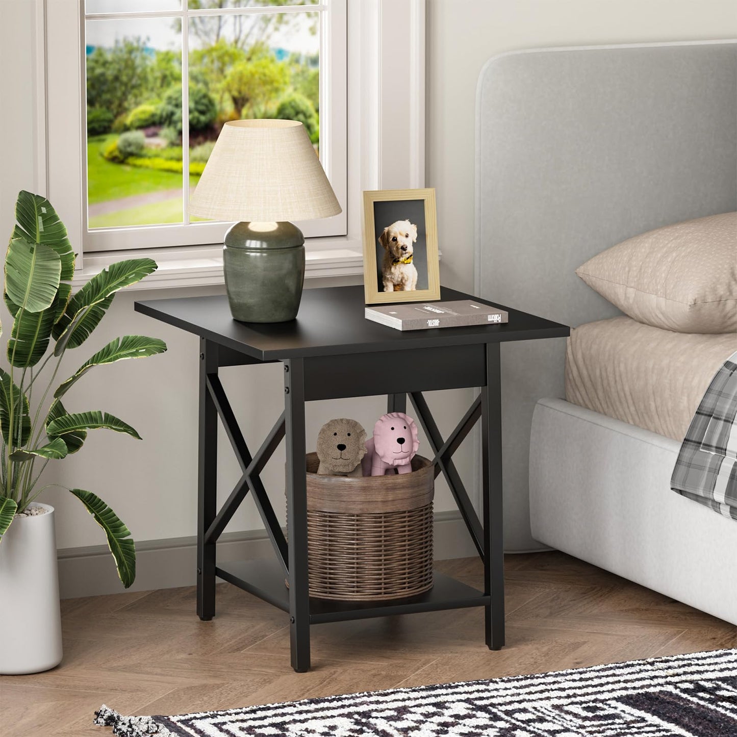 GreenForest Square End Table for Living Room, 24 Inch Large Side Table with X-Frame, Farmhouse Tall Bedside Nightstand with 2-Tier Storage Shelf, Black