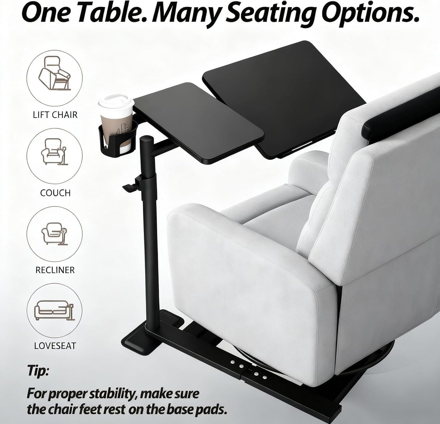 YUHFERA Swivel Table for Recliner Chair with Tilting Top, Adjustable Laptop Side Table for OverCouch & Sofa, Slide Under Tray Tables for Eating & Reading, Armchair Desk (Black)
