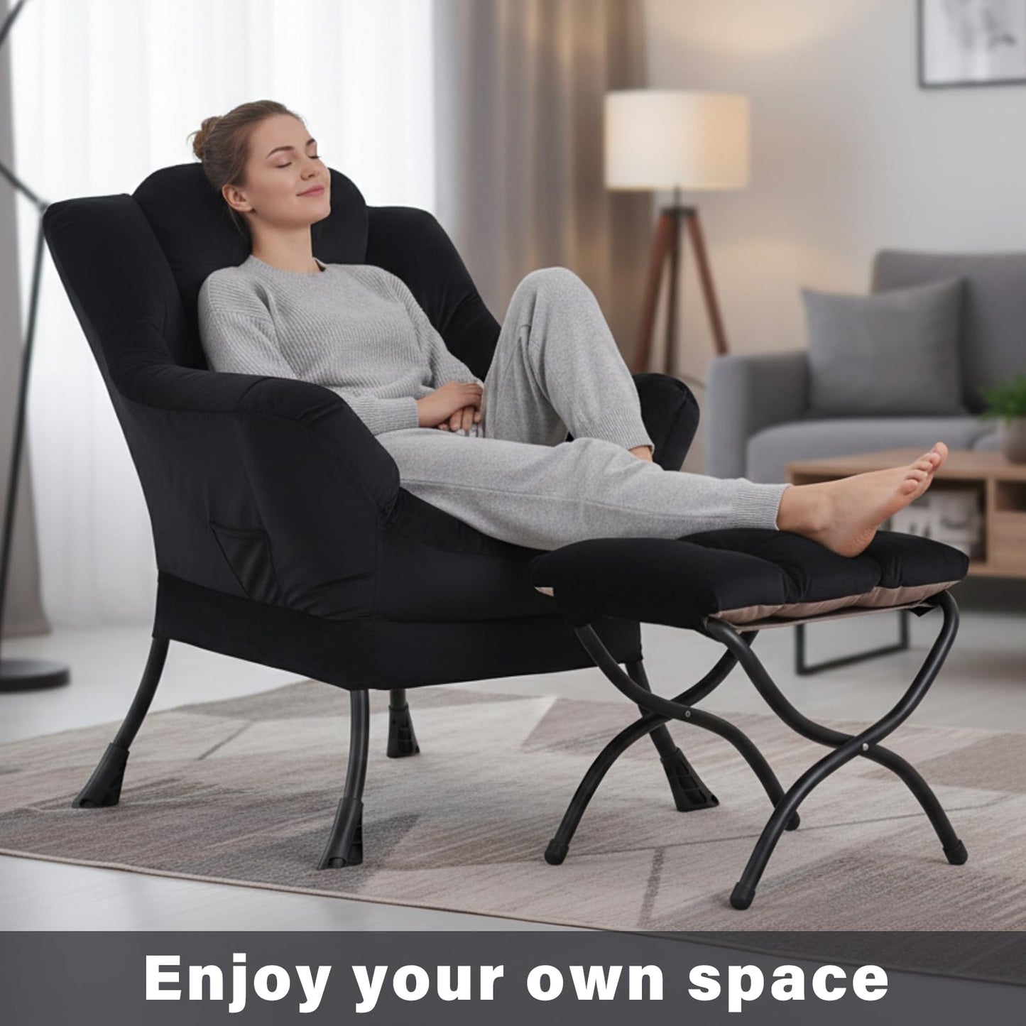 Givjoy Lazy Chair and Ottoman, Black Velvet Large Accent Chair with a Side Pocket, Modern Leisure Upholstered Sofa Reading Armchair with Footrest for Office, Bedroom, Living Room, Dorm Rooms, Balcony