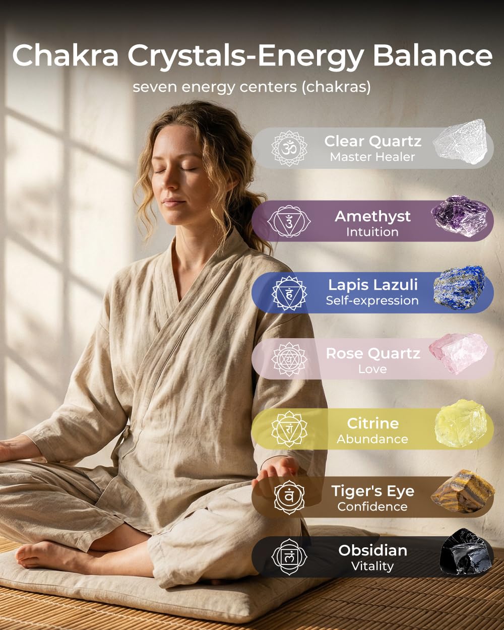 Crystals and Healing Stones Set - Chakra Crystals Gift for Women, Thumb Worry Stones, Rose Pyramid - Flower of Life, Chakra Bracelets, 7 Chakra Stones, Relief Anxiety Stress Birthday Gifts for Women