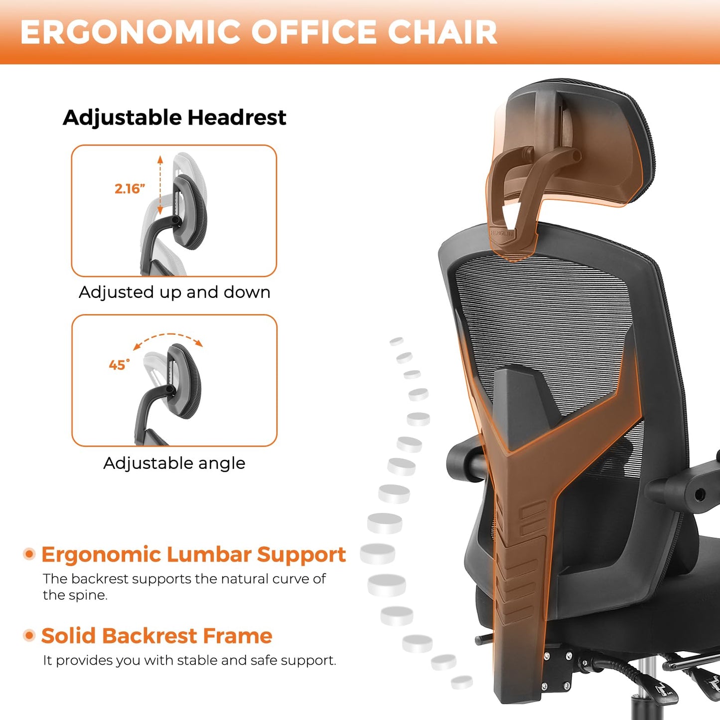 Sweetcrispy Office Computer Desk Chair, Ergonomic High-Back Mesh Rolling Work Swivel Chairs with Wheels, Comfortable Lumbar Support, Comfy Arms for Home, Bedroom, Study, Student, Black