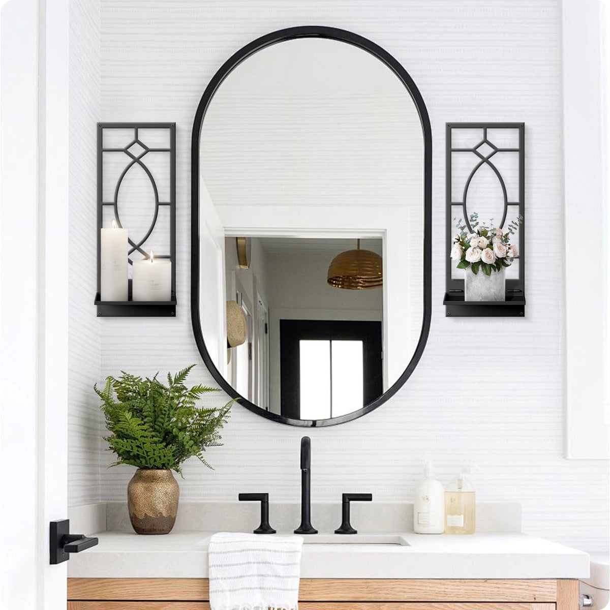 Candle Wall Sconces Set of 2, Black Metal Minimalism Wall Candle Holder for Living Room, Dining Room, Bedroom, Bathroom (2 Pack, 16.5 x 7 in)