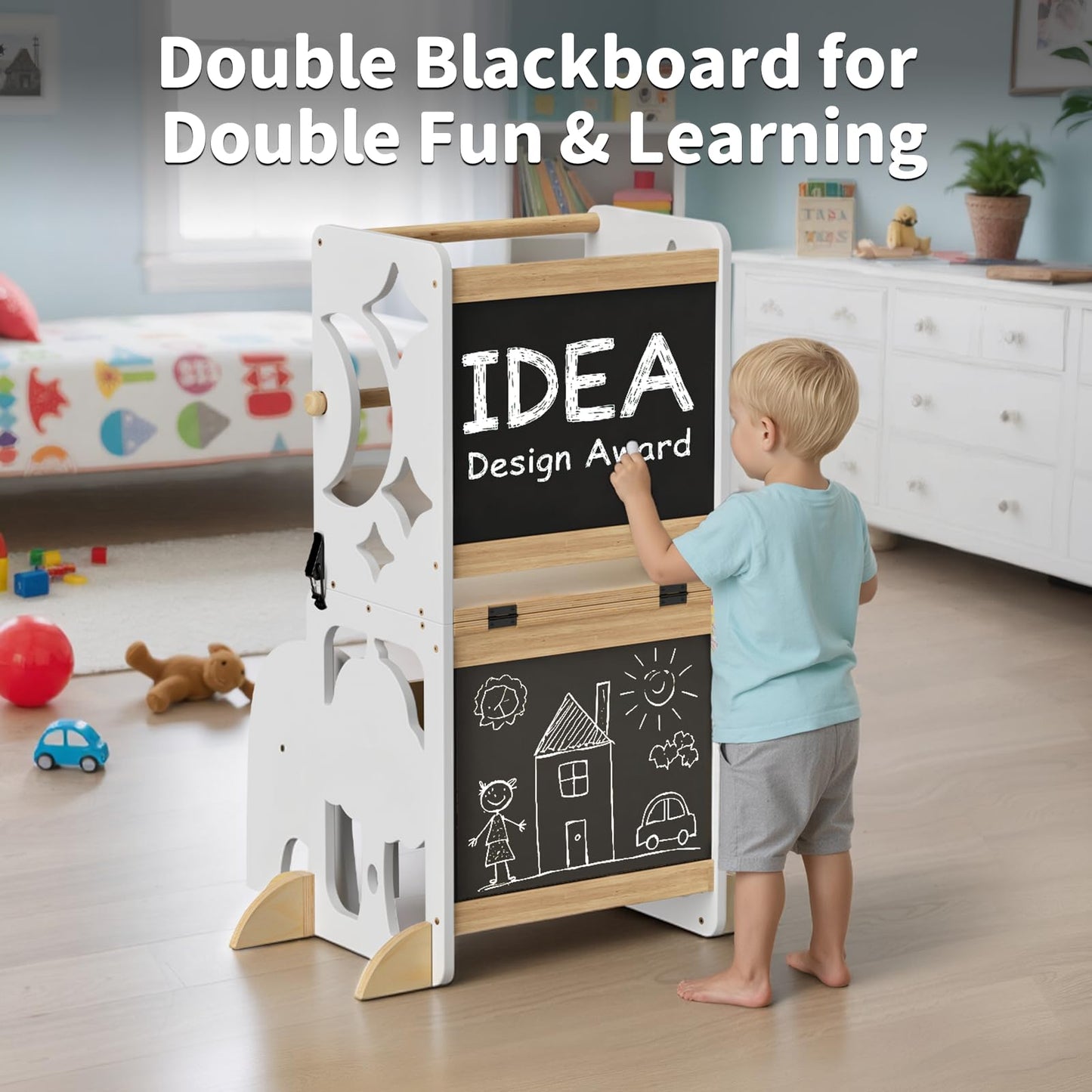 COSYLAND 4-in-1 Toddler Kitchen Stool Helper with Safety Rail, Foldable Toddler Standing Tower with Double Blackboard, Kids Learning Desk and Chair Set, White and Natural