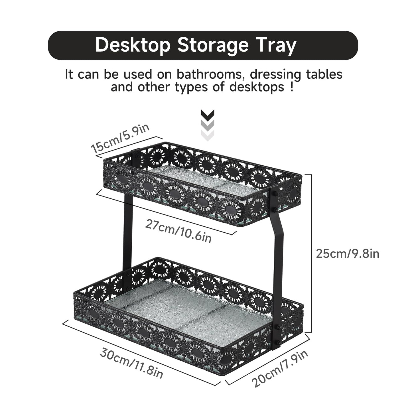 xiaojuande-Two Layer Glass Storage Tray with Portable Dressing Table Skin Care Product Organization Rack Corner Storage Rack for Bathroom Counter High-end Light - (Black)