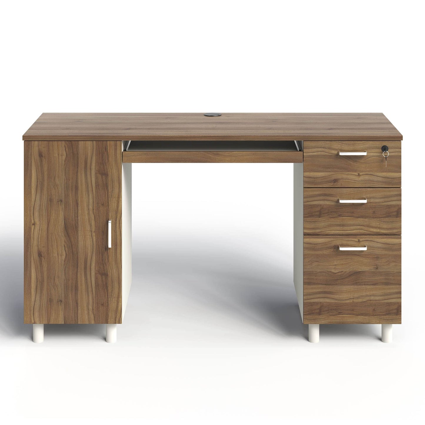 Modern Design Venice Computer Desk with Lockable Drawers, 53 Inch Home Office Desk with Storage Cabinet, Keyboard Tray & Cable Management, Modern Study Writing Desk for Small Spaces, Walnut and White