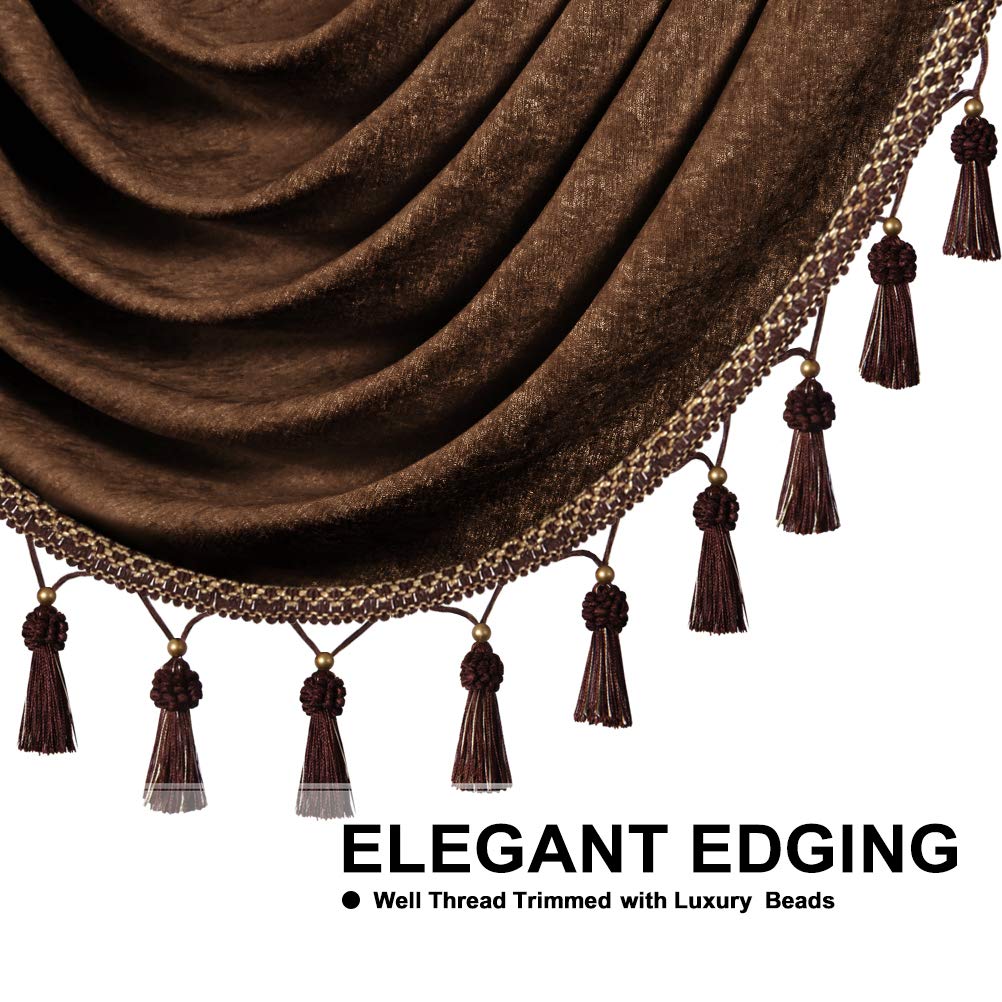 ELKCA Thick Chenille Waterfall Swag Valances for Living Room Chocolate Valance Curtains for Kitchen, Pack of 4(Chocolate, 30" W x 22" L)