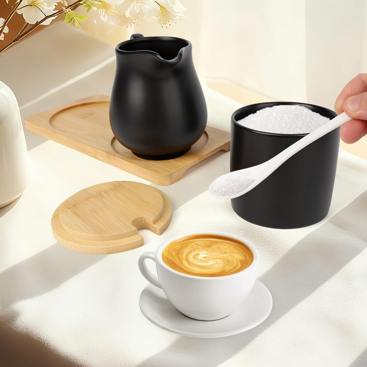 Ceramic Sugar and Cream Serving Set with Lid and Spoon, Coffee Serving Set Coffee Bar Accessories 9oz Creamer 8.45oz Sugar (Black)
