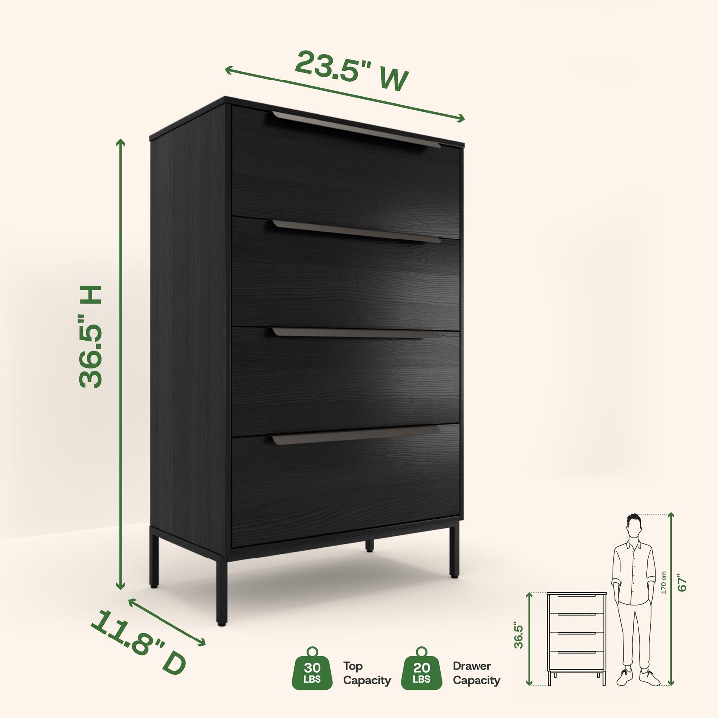 tinge Lira Premium 4 Drawer Fabric Dresser - Engineered Wood Frame Chest of Drawers for Bedroom - Strong & Sag-Proof Clothing Organizer with Sleek Metal Handles (Black)