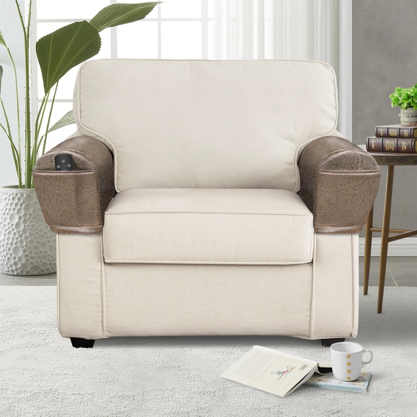 ANARACHON Leather Look Couch Arm Covers Set of 2 Armrest Covers for Sofa Chair Arm Protectors Stretch Armchair Slipcovers with Pockets Washable Spandex Fabric (Large, Light Brown)