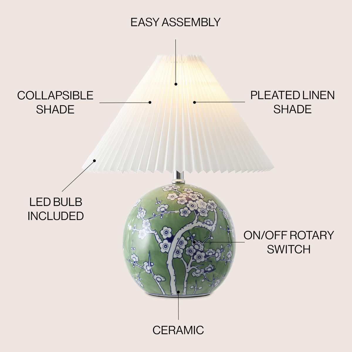 JONATHAN Y 19.5" Green/White Shishen Chinoiserie Ceramic Table Lamp, Traditional Hand-Painted Floral Cottage Lamp with White Pleated Linen Shade, LED Bulb Included JYL5056A