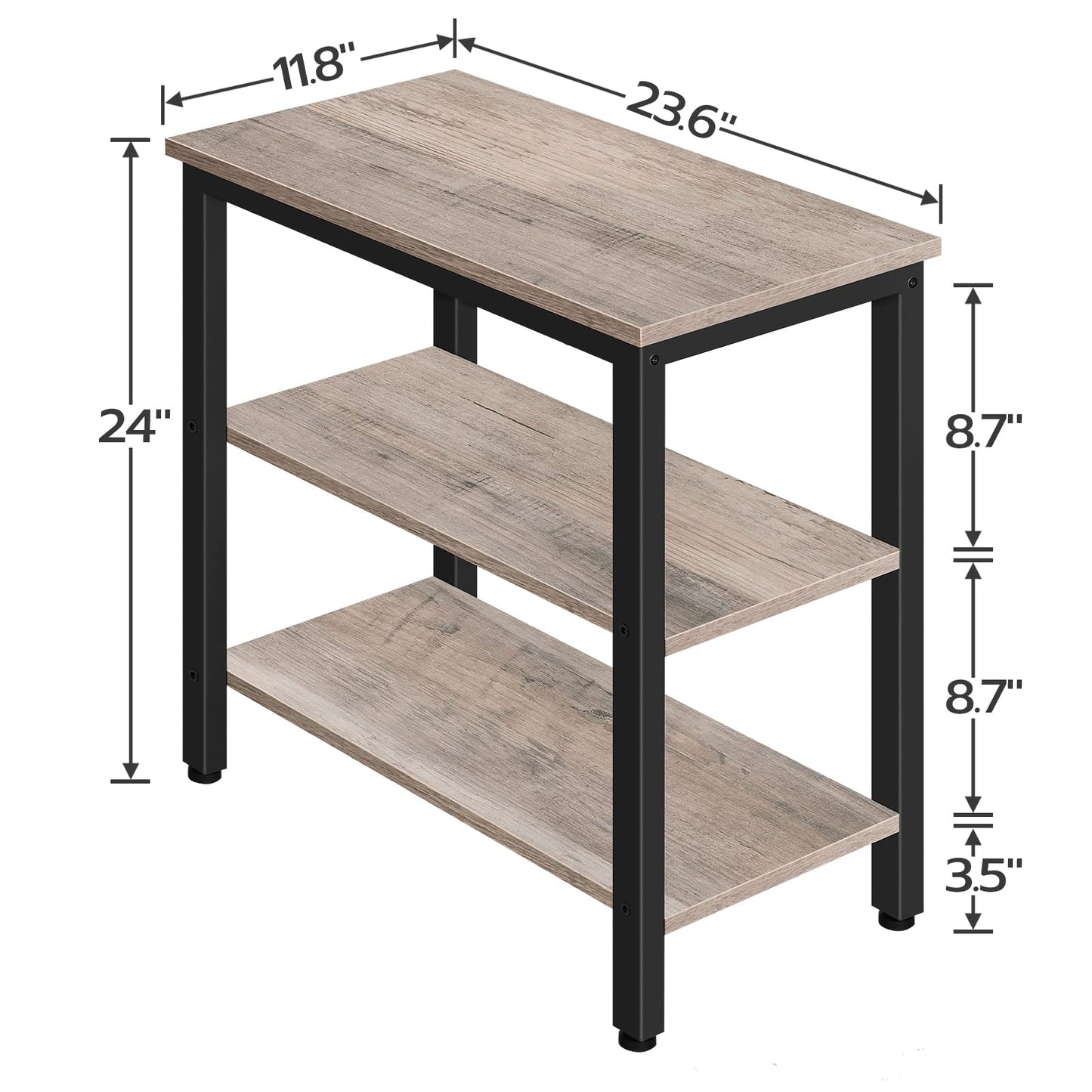 HOOBRO End Table, Simple Rustic Side Table with 3-Tier Storage Shelf, Narrow Nightstand for Small Spaces, Easy Assembly, for Living Room, Bedroom, Metal, Industrial Design, Greige and Black BG14BZ01