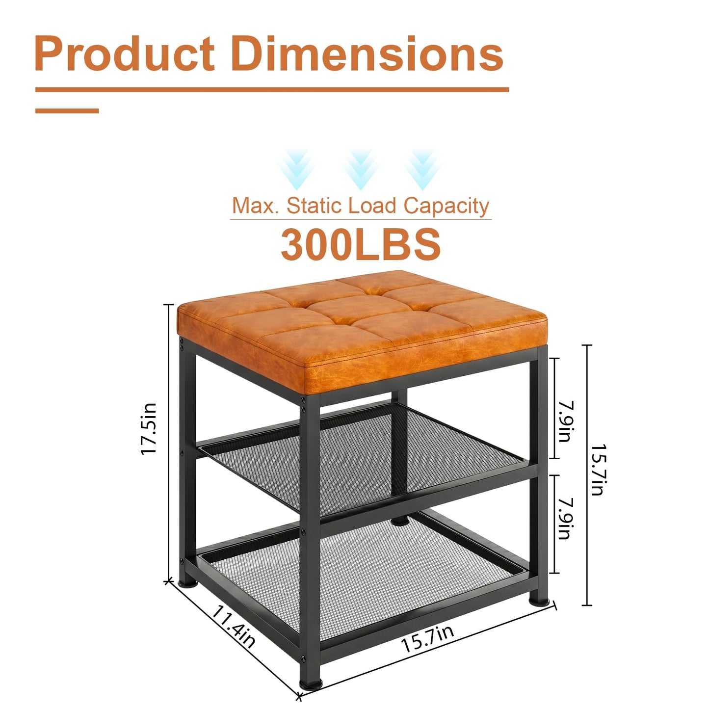 Small Shoe Storage Bench with PU Leather Seat Cushion, 3-Tier Freestanding Shoe Rack Organizer for Entryway, Heavy-Duty Metal Mesh Shelves, Supports Up to 300 lbs, Brown (15.7"x11.4"x17.5")
