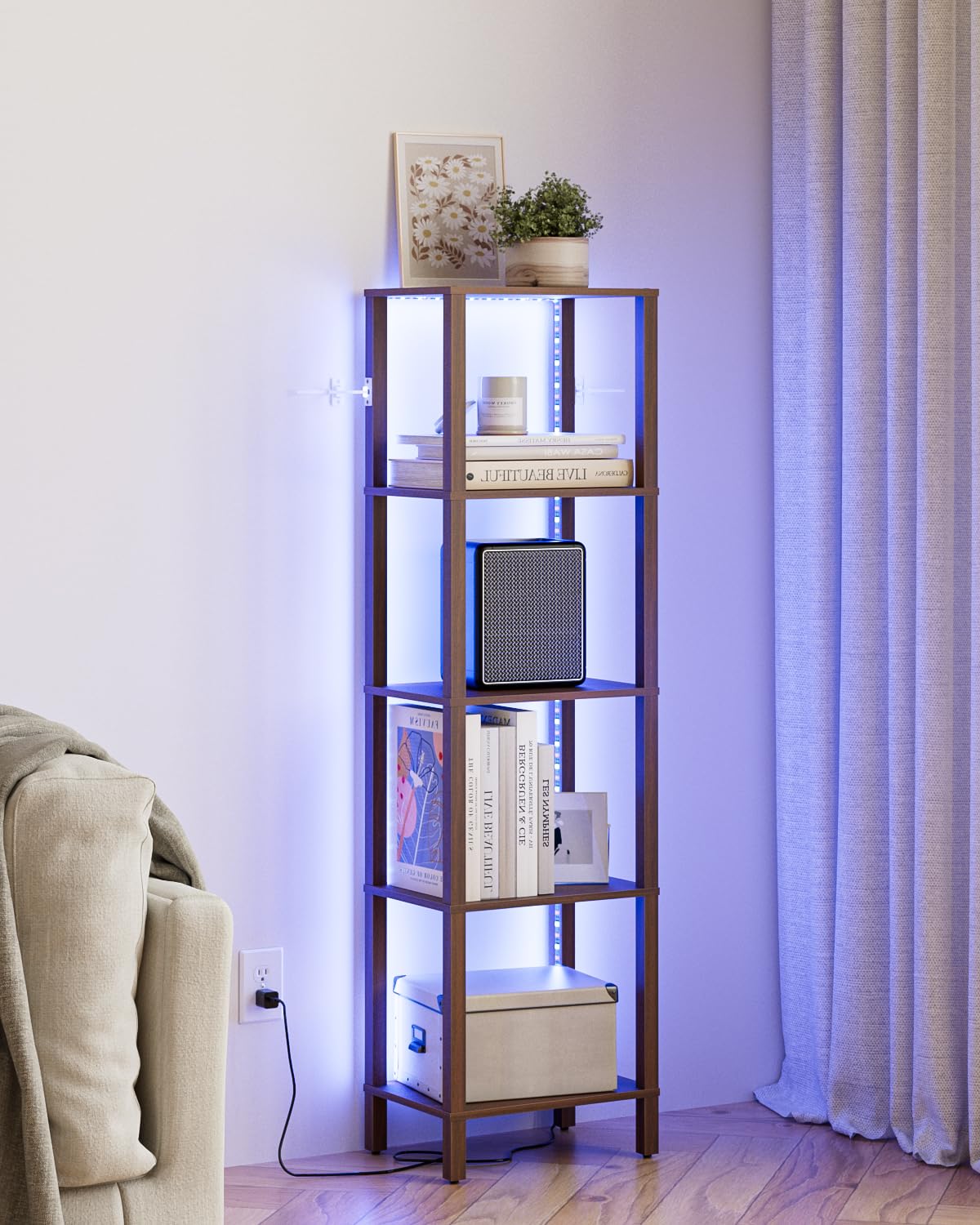Apetaccat Open Book Shelf with LED Lights, 5 Tier Tall Bookshelf, Freestanding Shelf Narrow Bookcase with Open Shelves, 14.96" x 10.63" x 53.54", Book Shelves for Living Room, Office, Study, Walnut