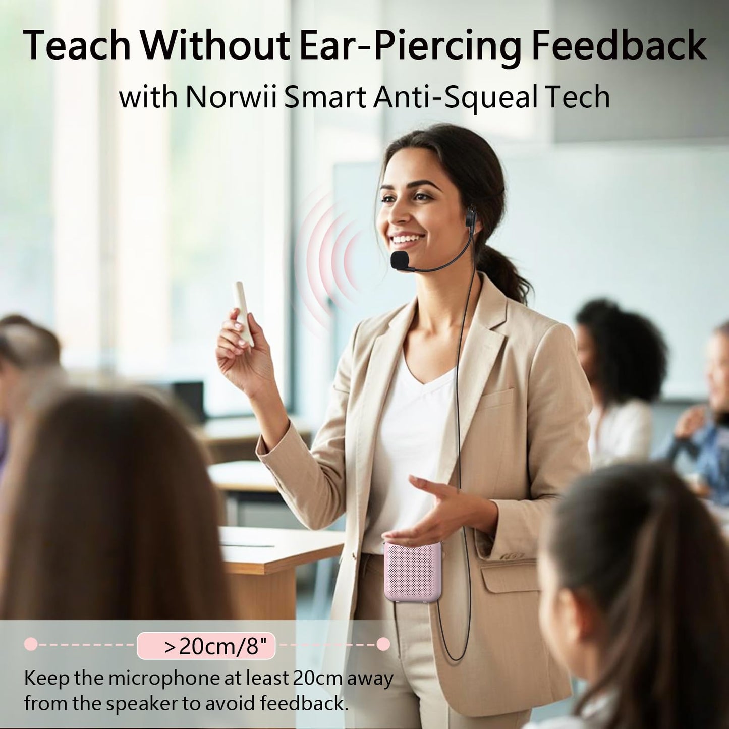 Norwii Bluetooth Voice Amplifier, Power Amplifiers, Portable Mini Wired Microphone Headset for Teacher Classroom & Outdoor Lectures, Teaching, Tour Guides, USB-C Rechargeable - 4000mAh, Pink