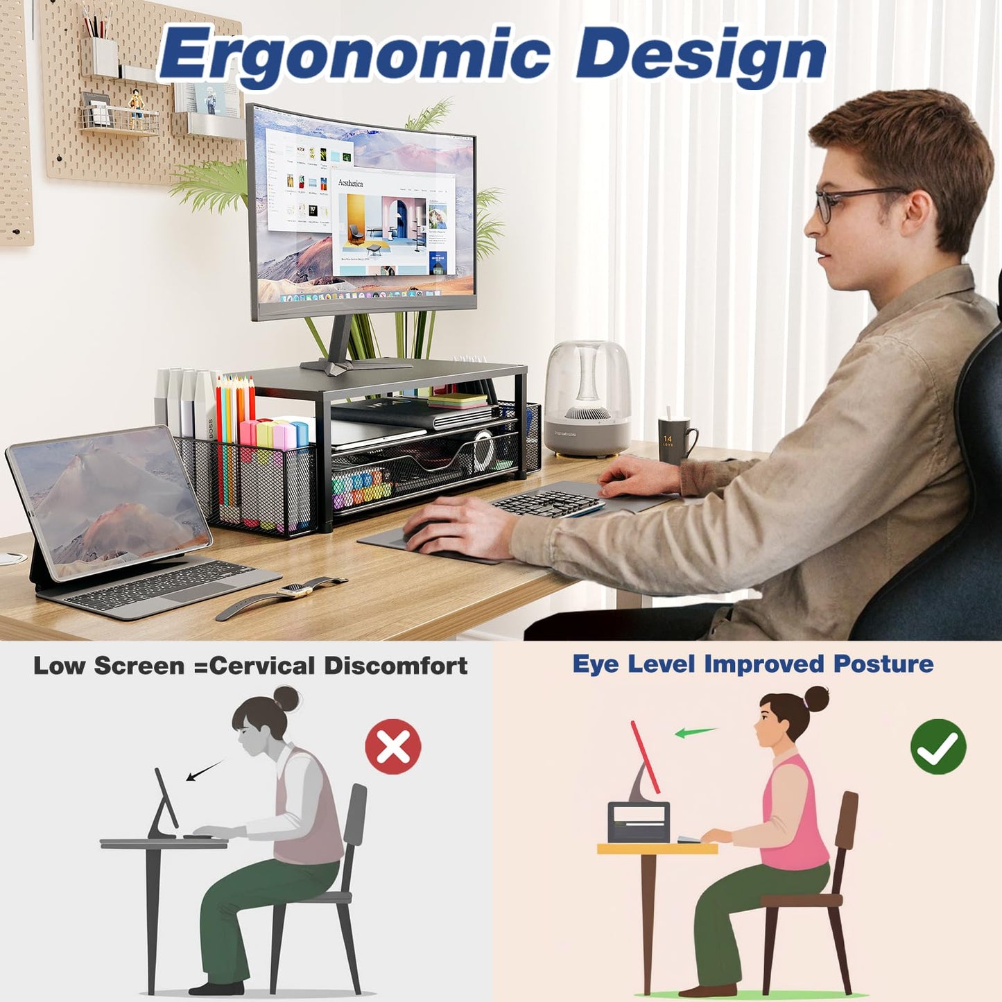 OPNICE Wood Desk Organizers and Accessories, 2-Tier Computer Monitor Stand Riser with Drawer and 2 Pen Holders, Laptop Stand, Office Desk Accessories for Office Supplies, Brown