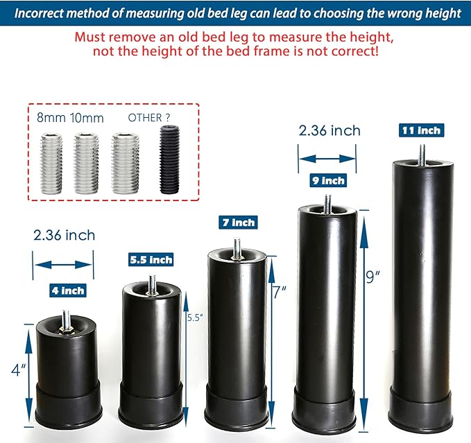 7 Inch Metal Bed Base Frame Leg Replacement Heavy Duty Extra Height Leg