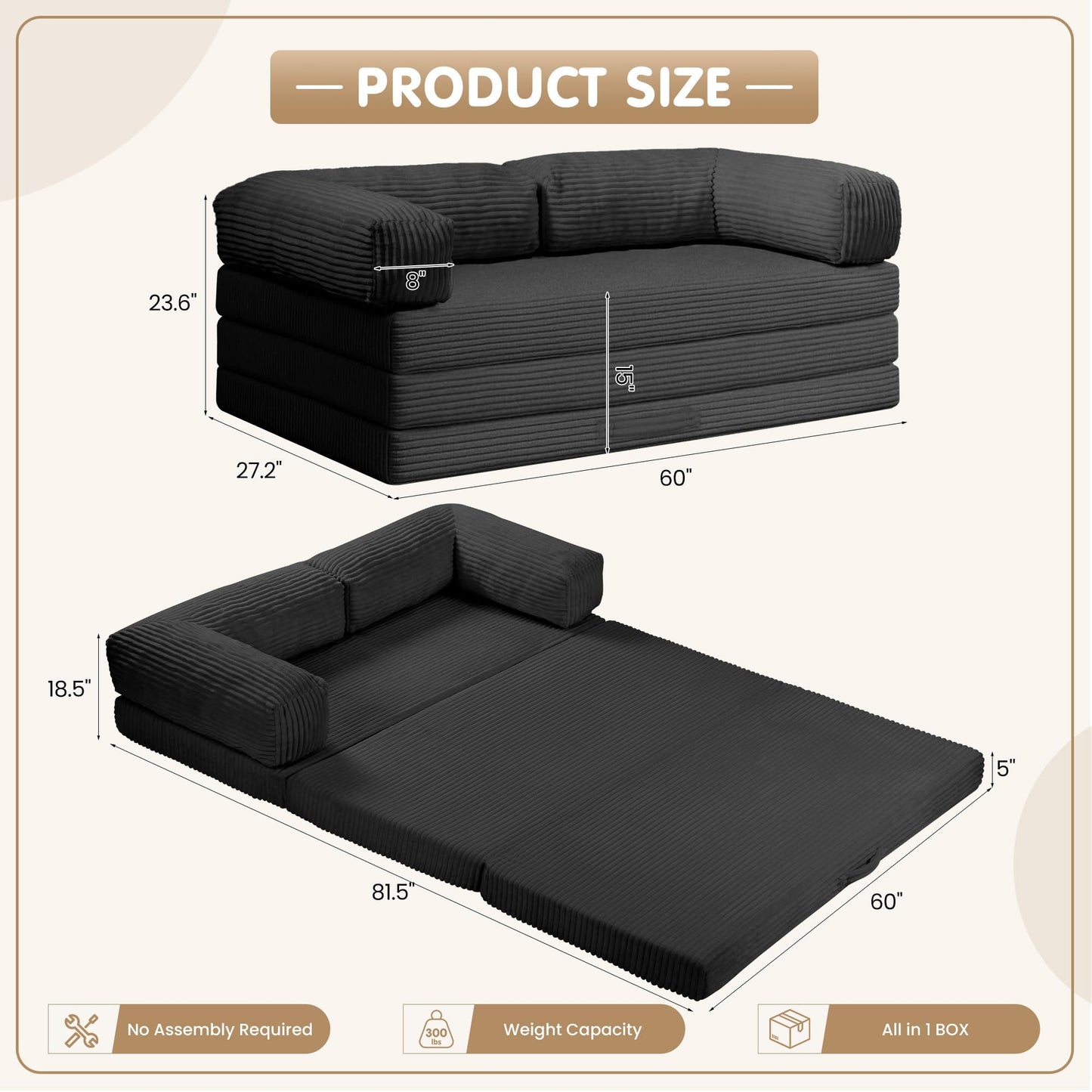 5-in-1 Convertible Sofa Bed,60" Boneless Couch Tri Folding Floor Mattress with Removable L-Shaped Armrests & Handle,Corduroy Futon Couch Sleeper with Pull Out Bed for Living Room Bedroom Apartment