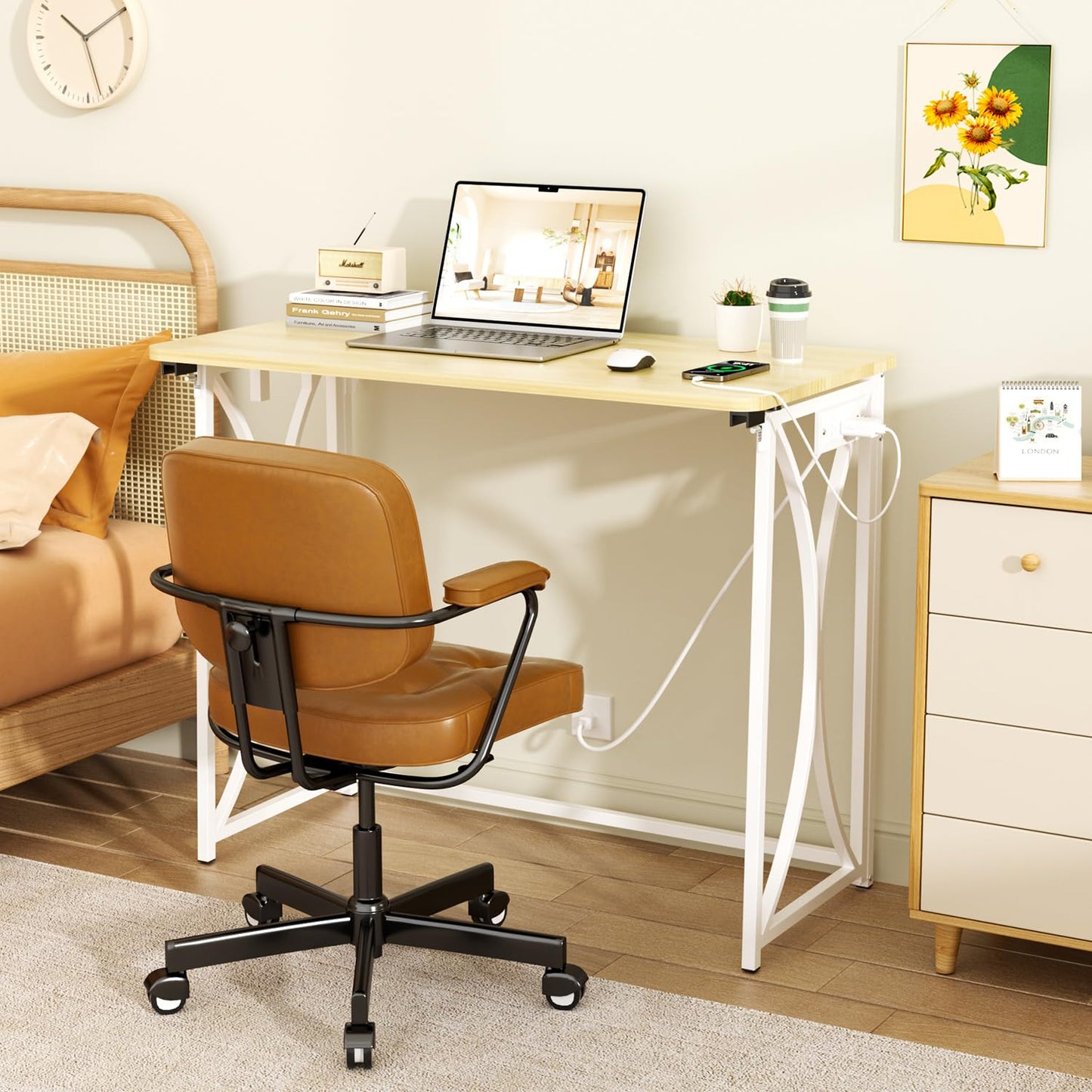 coeztt Mini Desk, 31.5" Small Desk for Bedroom with Power Outlet, Foldable Desks for Small Spaces & Home Office, Easy Assembly, Beige Floor Patten