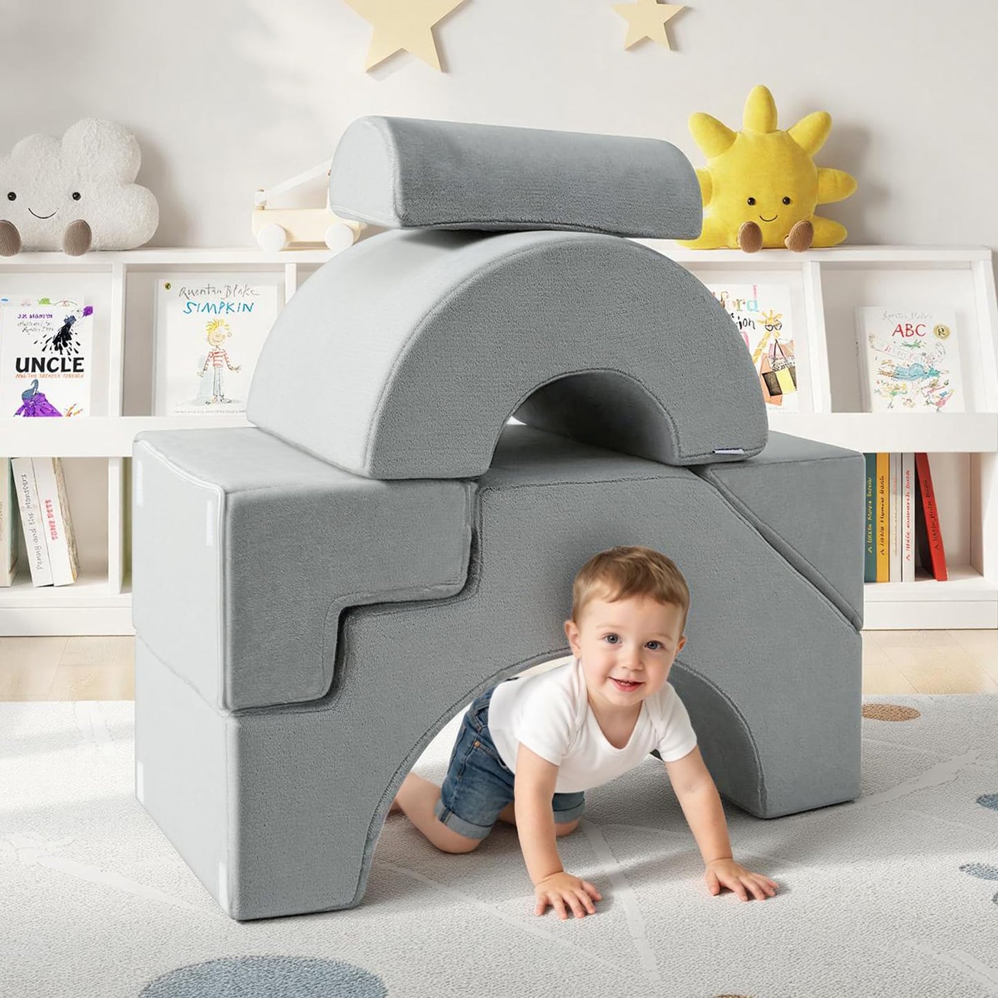 MeMoreCool Modular Kids Sofa – Convertible Foam Couch with Slide & Stair, Playroom & Bedroom Sectional Child Furniture | Soft Washable Cover | Ages 3+ | Grey
