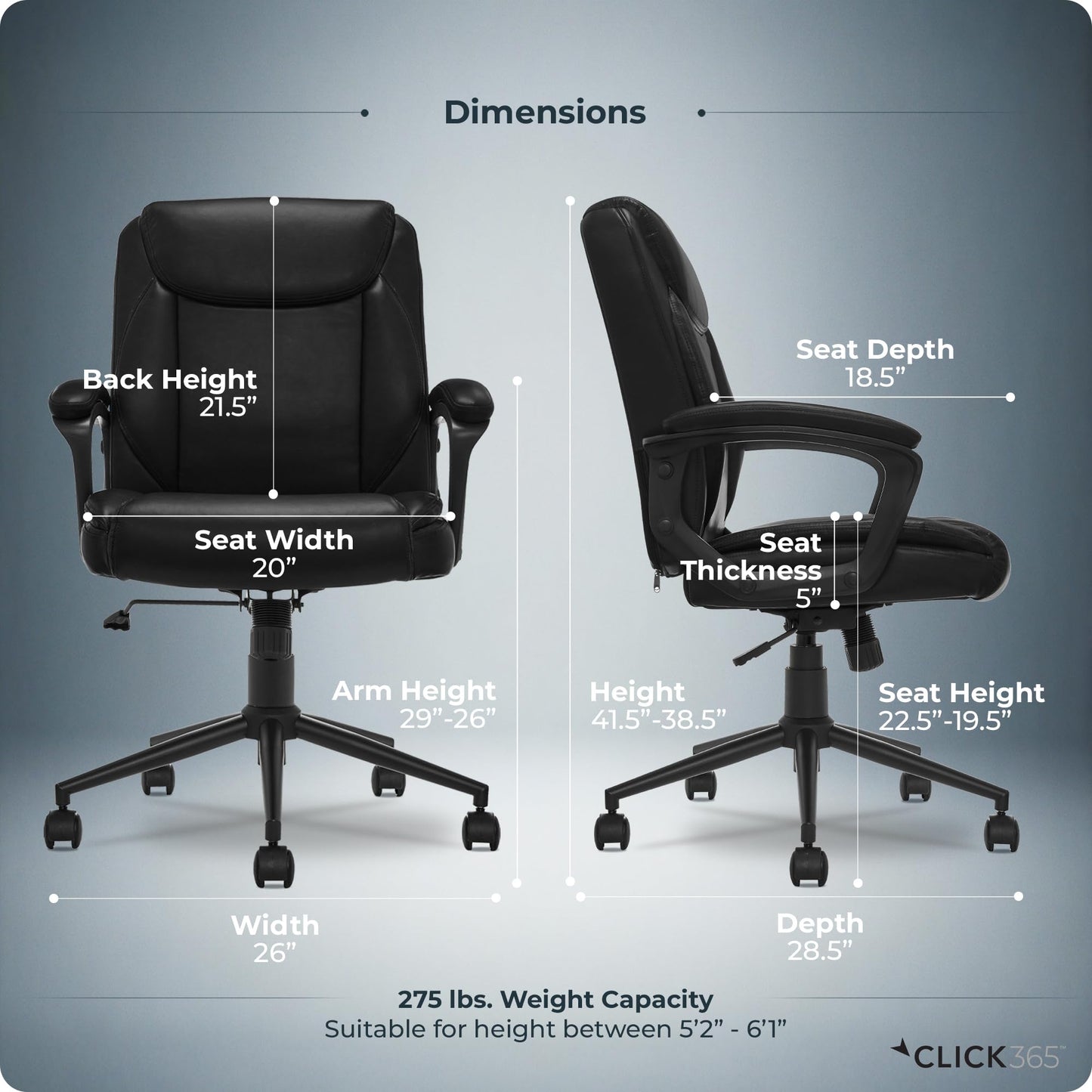 Click365 Transform 1.0 Ergonomic Office Chair, Mid Back Desk Chair with Padded Arms, Lumbar Support, Adjustable Height, Tilt Recline, Swivel Computer Chair, Bonded Leather, Black