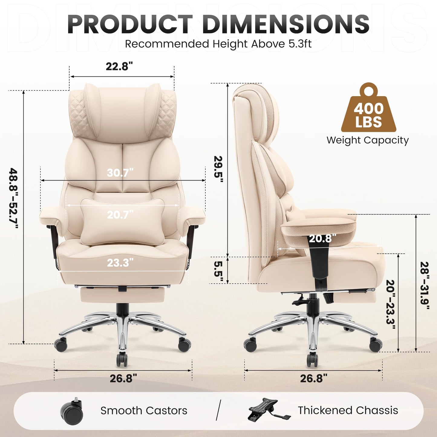 BestGlory Office Desk Chair, Big and Tall Leather Gaming Chair with Footrest, Wide Ergonomic Comfy Executive High-Back Reclining Computer Chairs, Swivel Rolling Wheels and Padded Lumbar Support, Beige