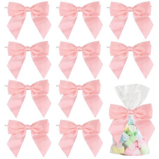 AIMUDI Baby Pink Satin Ribbon Bows 4.5" Pre-Tied Bows with Twist Ties for Gift Wrapping Treat Bags Boxes Baby Shower Wedding Party Favors Valentine's Day Decorations, 36 PCs