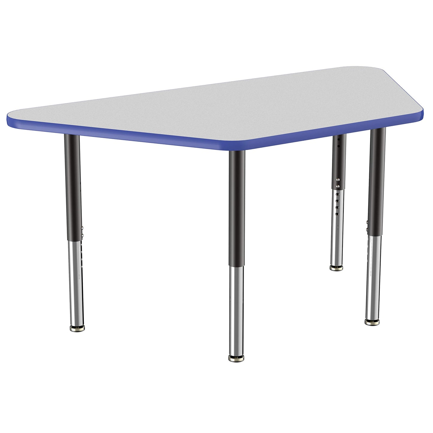 FDP Mobile Trapezoid Activity School and Office Table (30 x 60 inch), Super Legs with Glides and Casters for Collaborative Environments, Adjustable Height 19-30 inches - Gray Top and Blue Edge