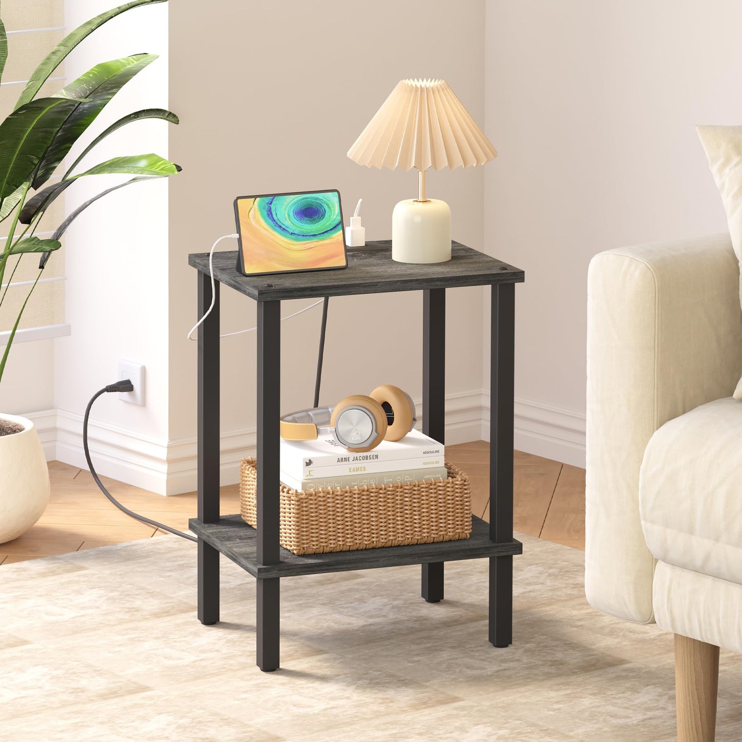 TUTOTAK End Table with Charging Station, Small Side Table with Outlets, Nightstand Bedside Table, 2-Tier Storage Shelf for Small Space, Living Room, Bedroom, Charcoal Grey TB01BY040