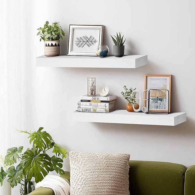 24x8x1.6 inch Floating Shelves Set of 2 – Solid Wood Rustic White Wall Mounted