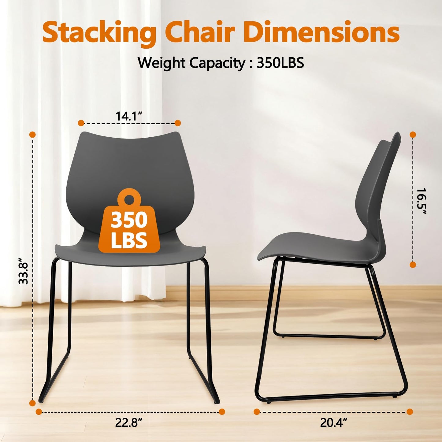 KLASIKA Stacking Waiting Room Chairs, Stacked Plastic Office Chair with Ergonomic Lumbar Support and Metal Legs for Conference School Church Guest Reception Set of 12, Grey