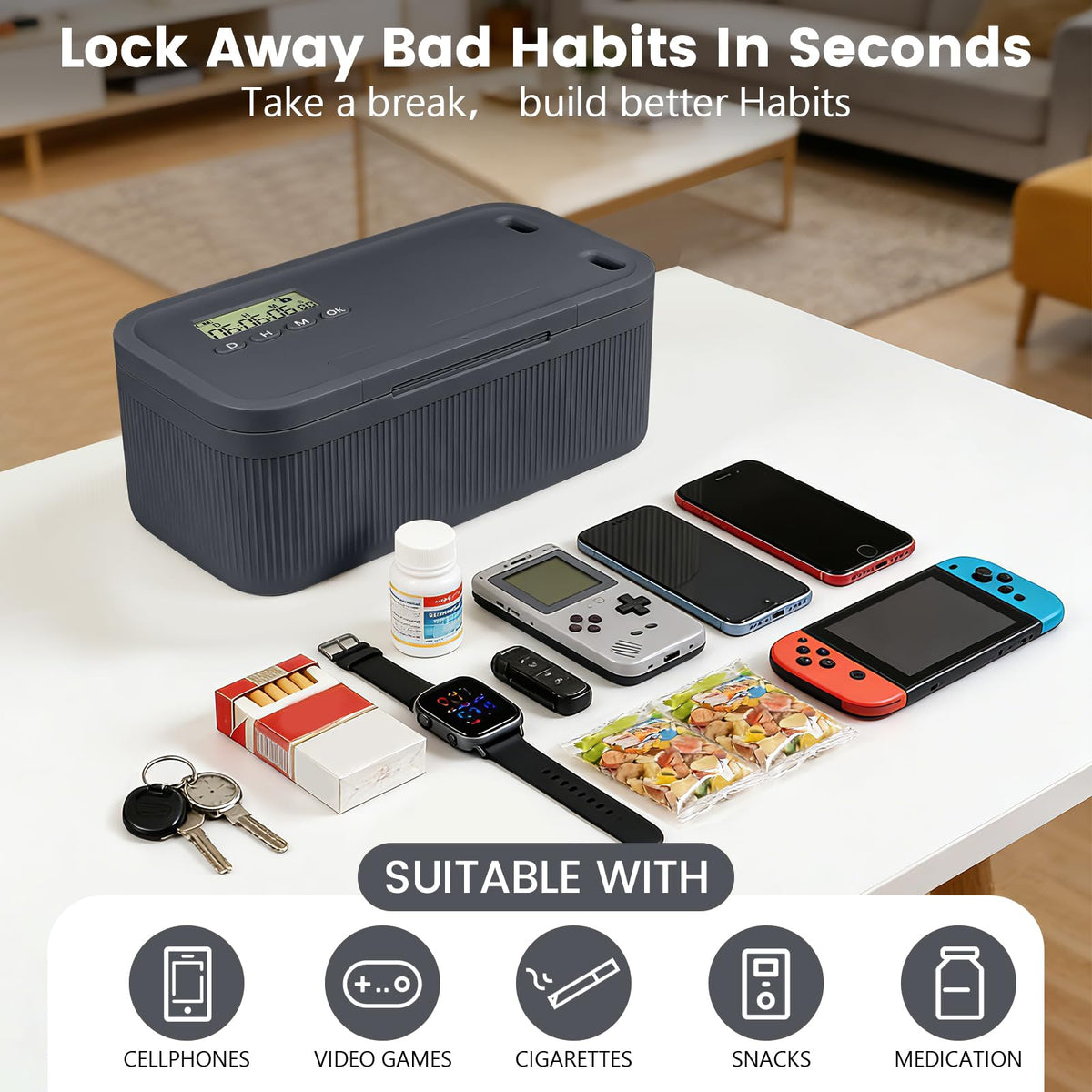 Timed Lock Box,Phone Lock Box with Timer Unplug from Phones Snacks Video Games & Cravings,2-in-1 Quick Lock or Timer Lock Mode - 30 Days Max,Productive & Focused Phone Jail Box for Safe