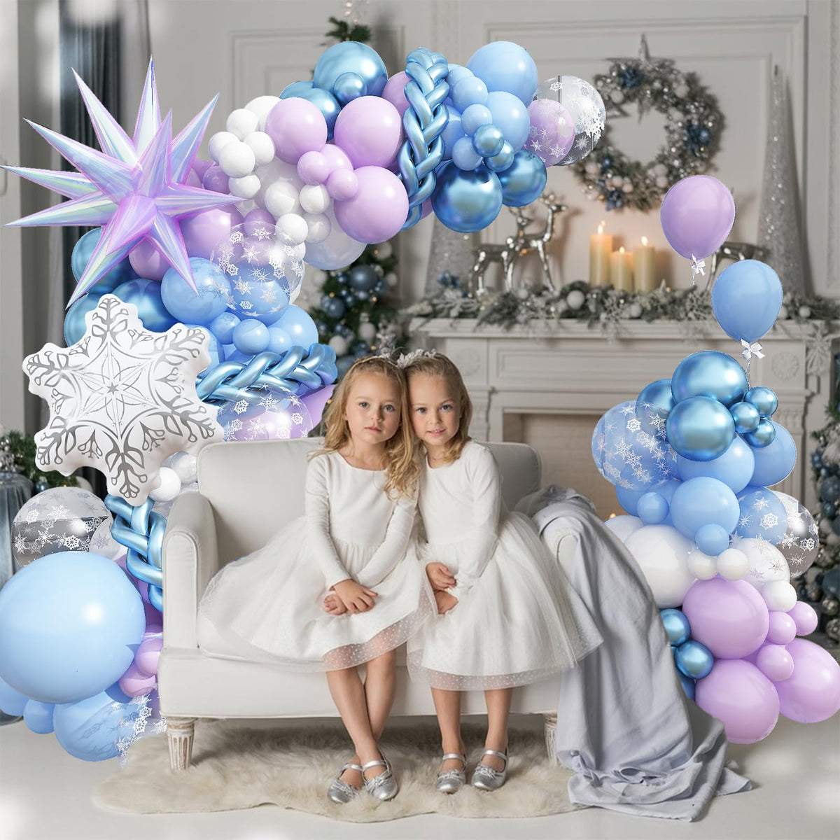 Winter Balloon Arch Garland Kit, Baby Pastel Metallic Blue Light Purple White Latex Balloons with Snowflake Exploding Star Foil Balloon for Winter Wonderland Xmas Ice Snow Birthday Party Decorations