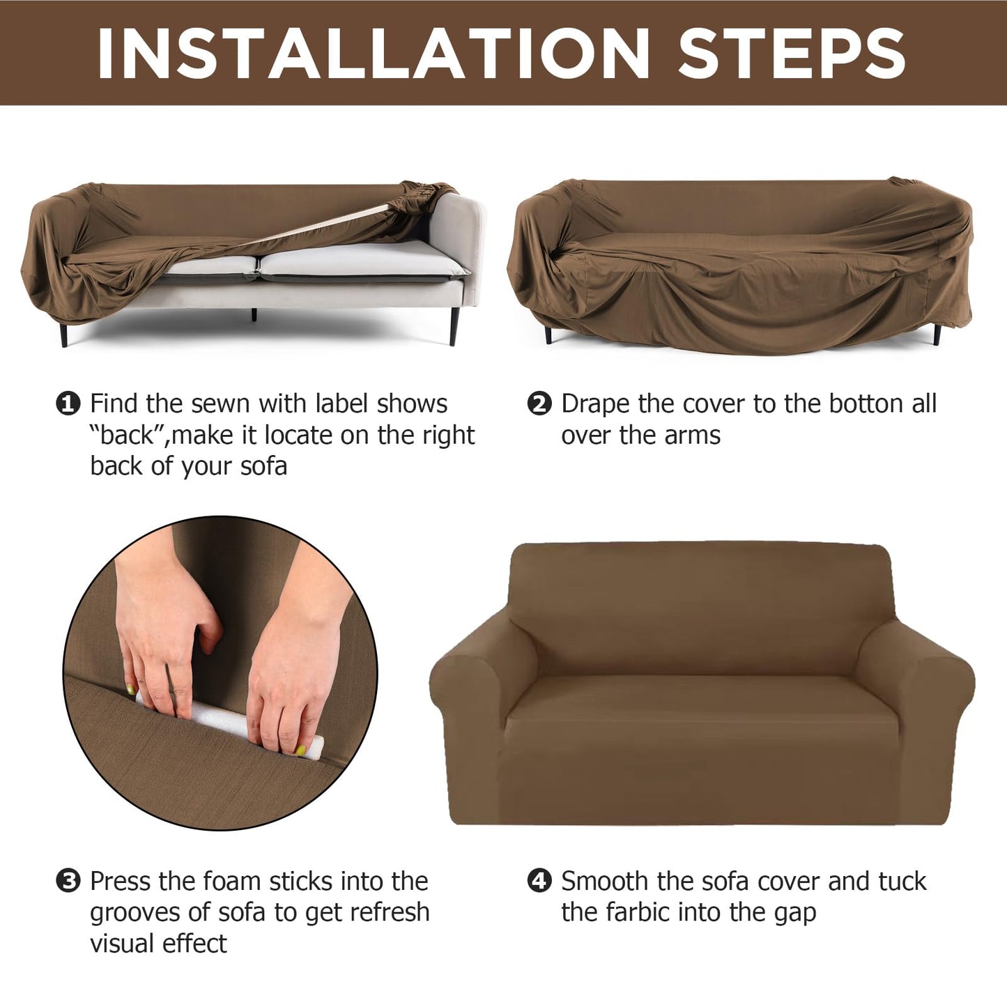 Peryiter 2 Pcs Sofa Covers Couch and Loveseat Covers Set Stretch Sofa Slipcover for Living Room Armchair Furniture Protector, Wrinkle Proof(Chocolate,Milk Silk)