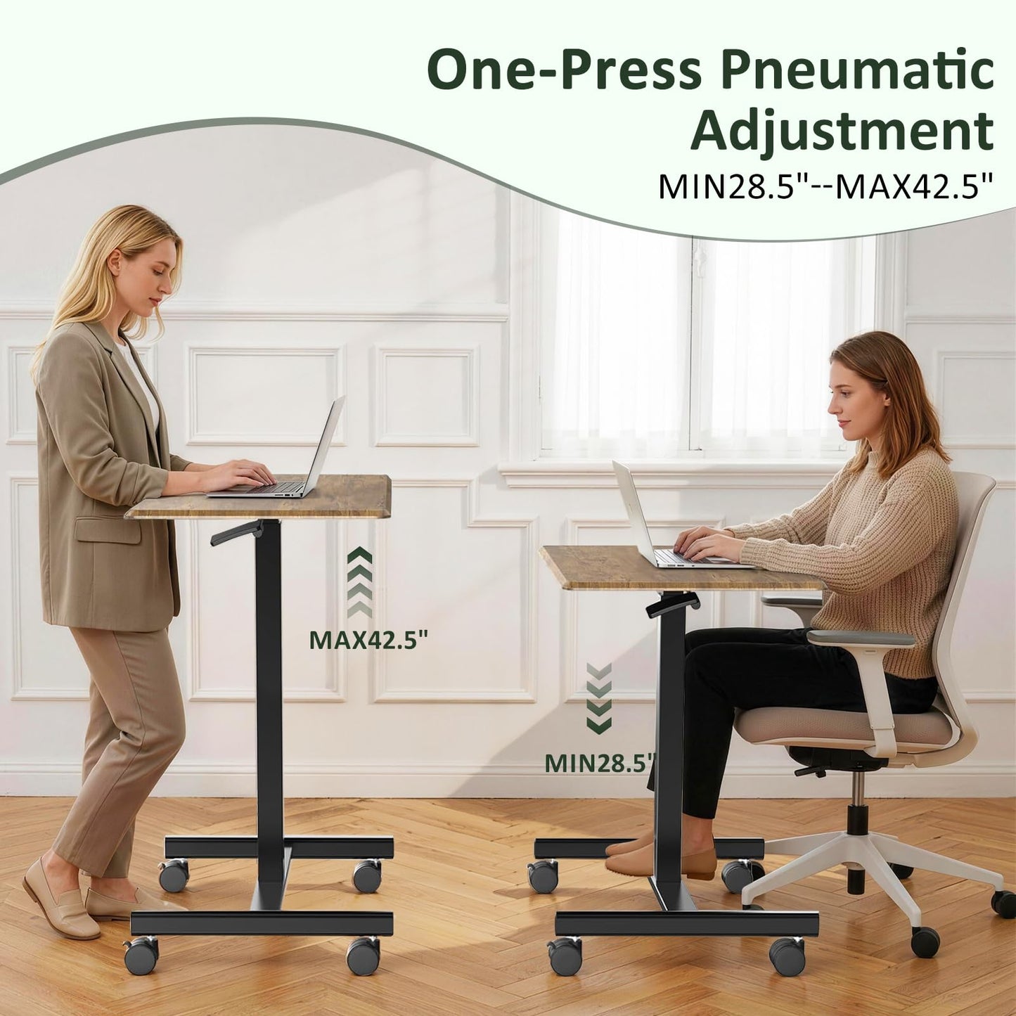 SageNest Adjustable Height Mobile Standing Desk with Lockable Casters, Rolling Sit Stand Laptop Computer Desk, Portable Compact Workstation for Home Office Dorm, Brown