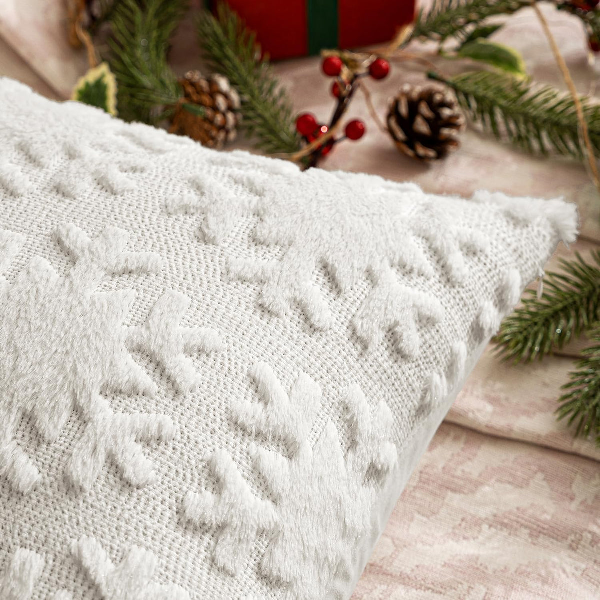 MIULEE Christmas Snowflake Decorative Throw Pillow Covers Set of 2,Soft Fluffy Faux Wool Winter Holiday Couch Pillows for Farmhouse Boho Home Decor Sofa Bed Porch Living Room 20x20 Inch Pure White