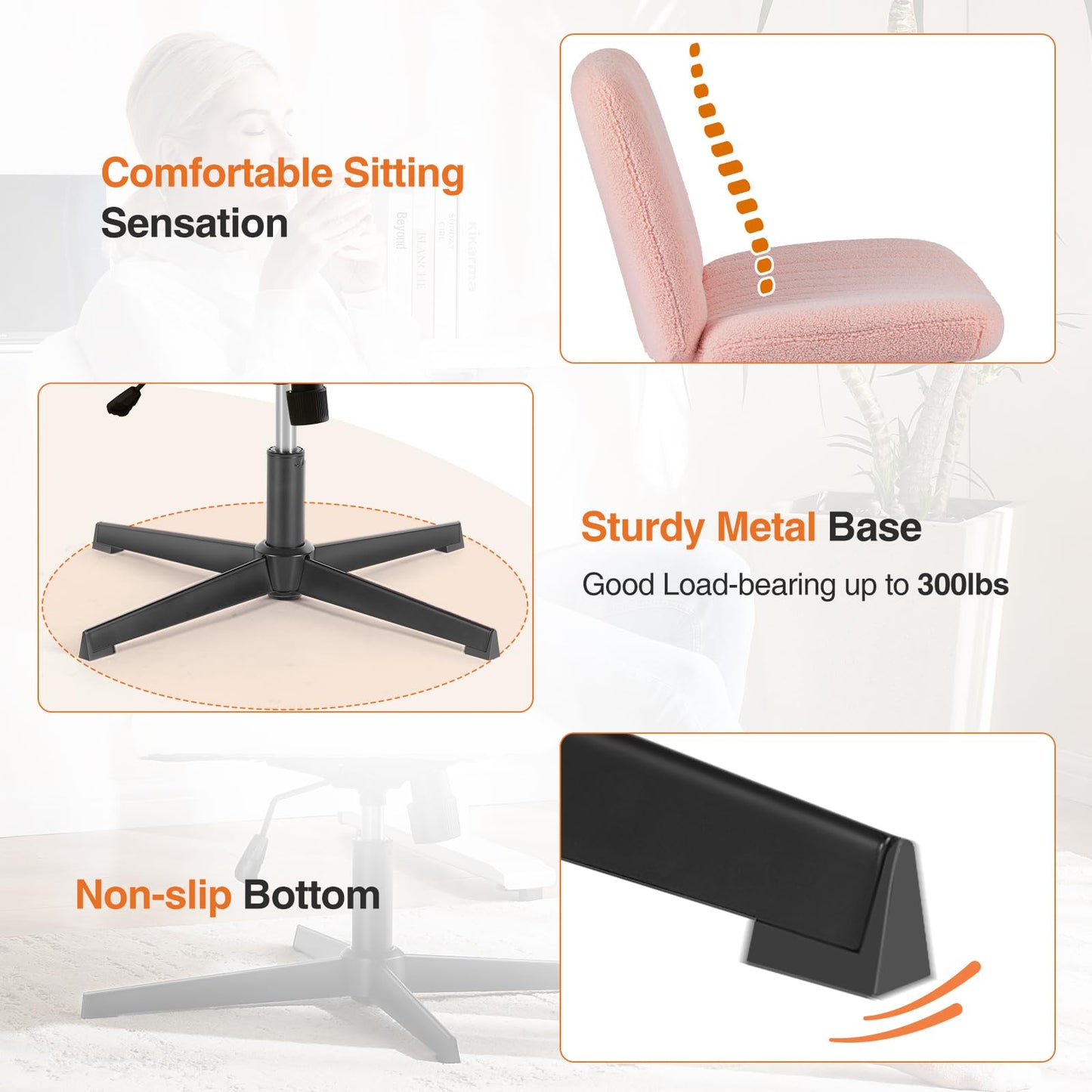 Sweetcrispy Criss Cross Chair Legged, Furry Armless Office Swivel Desk Chairs No Wheels, Vanity Height Adjustable Wide Seat Comfy Cute Computer Task Chair for Home Bedroom, Teddy Pink