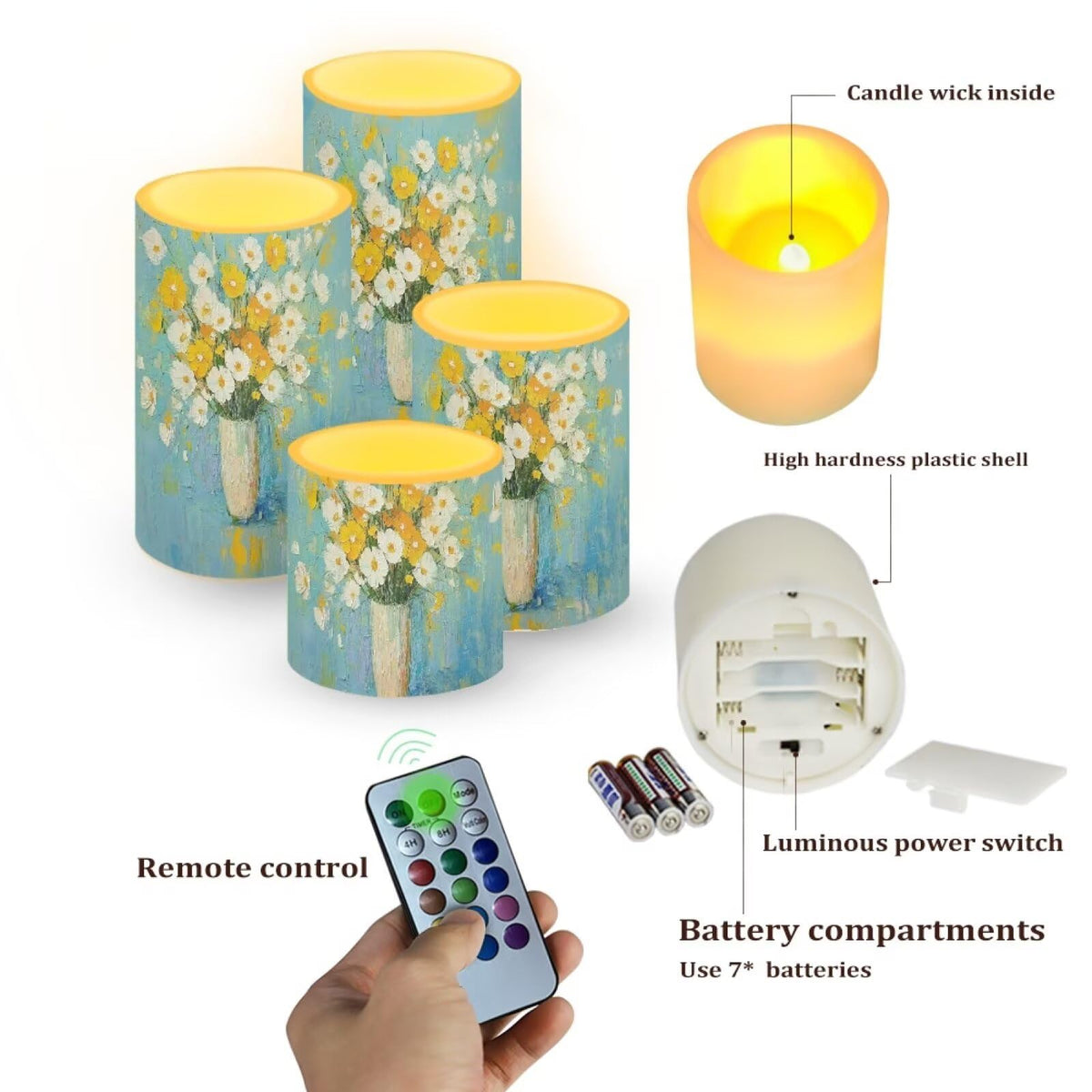 Cozeyat Oil Painting Flower Flameless Candles 4 Pack Battery Operated LED Pillar Candles with Remote Control Timer Color Changing for Indoor Outdoor Home Wedding