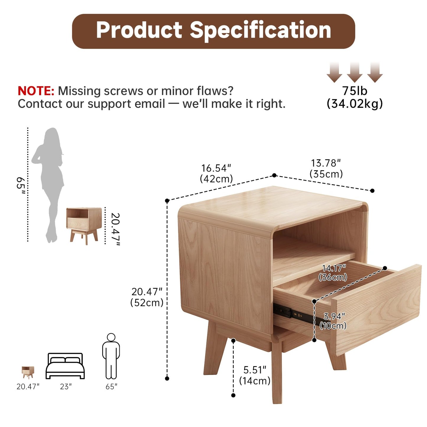 NKGIAG 100% Solid Wood Nightstand, Mid-Century Modern Night Stand with Drawer & Open Shelf, Compact Bedside Tables for Bedroom, Office, Small Spaces, Light Natural Finish, Pre-Assembled