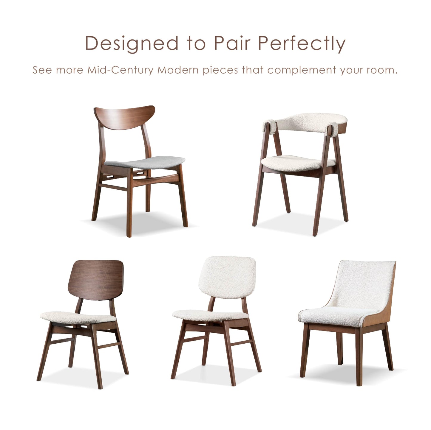 Furniture of America Beck Mid-Century Modern Dining Chairs Set of 2, Solid Wood with Curved Backrest and Angled Legs, Boucle Fabric Padded Seat for Dinner Room, Kitchen, or Living Space, Walnut Brown