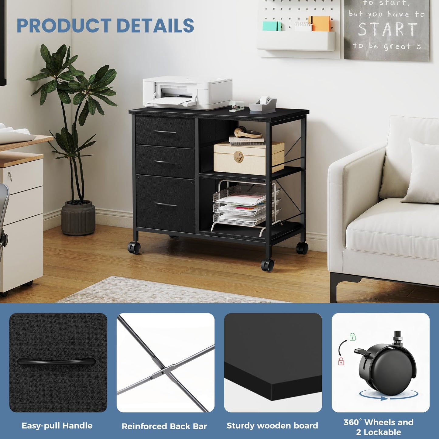 DUMOS 3 Drawer Mobile File Cabinet, Freestanding Fabric Lateral Filing Cabinet Fits A4/Letter Size, Space Saving Rolling Printer Stand with X-Frame and Open Storage Shelf for Home Office, Modern Black
