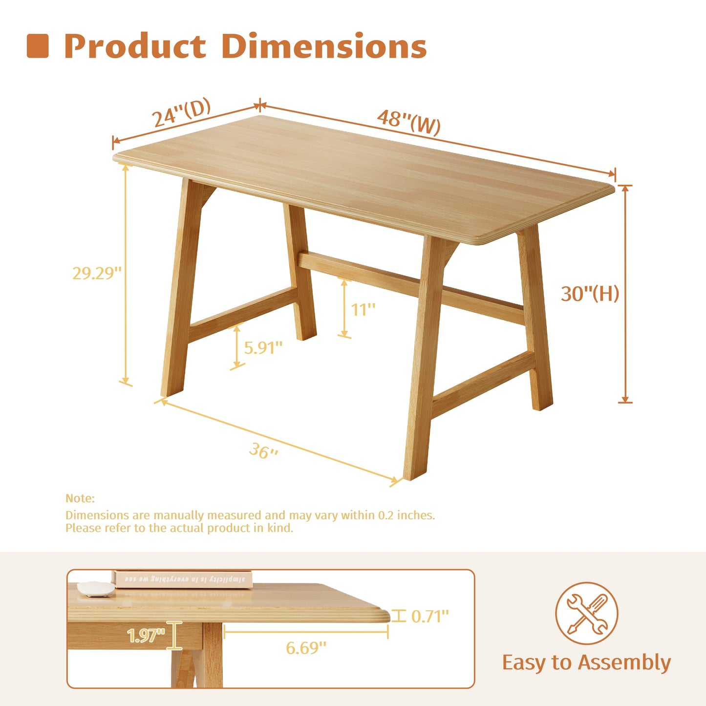 IOTXY Solid Wood Writing Table - 48" W x 24" D Minimalist Computer Desk for Home Office, Work, Study, Creativity, and PC Workstation, Oak