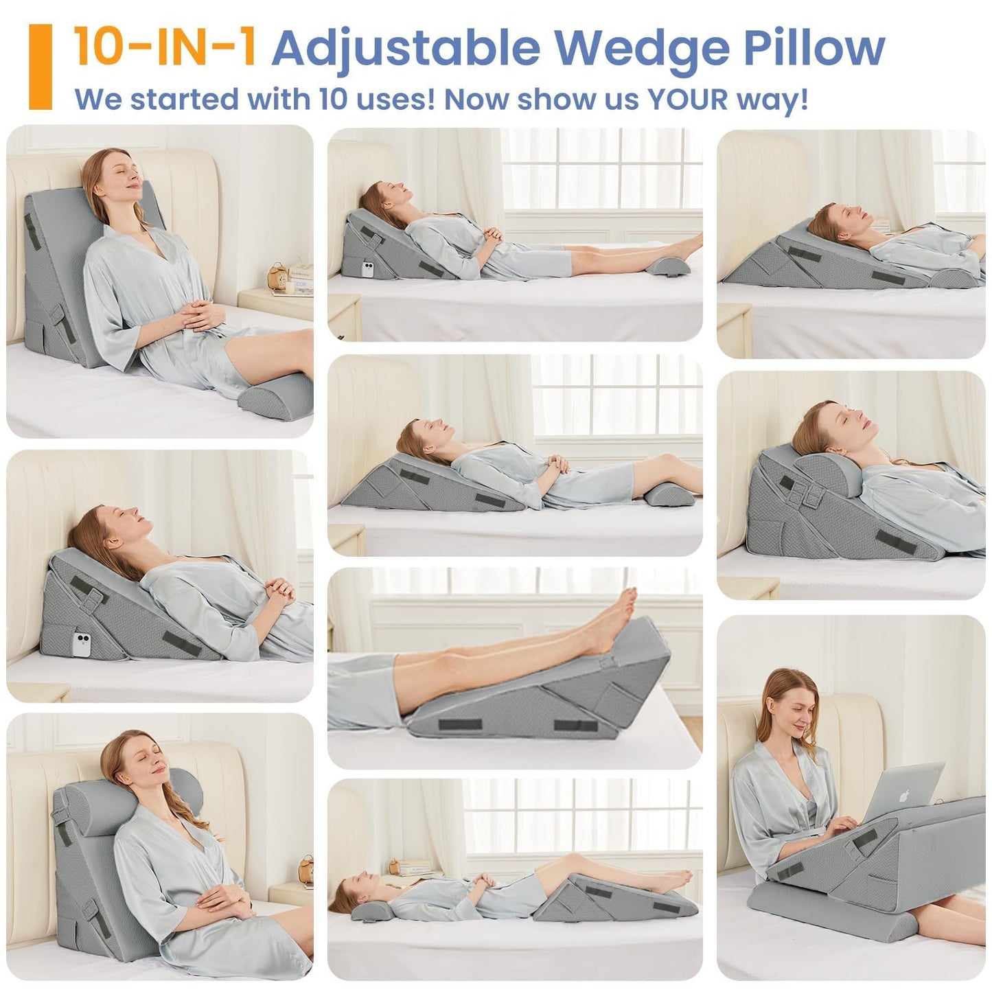 Sasttie Wedge Pillow Set for After Surgery, 2PCS Adjustable Bed Wedge Pillow Headboard with Memory Foam Neck Cushion – for Acid Reflux, Sleeping, Neck & Back Support, Dark Grey