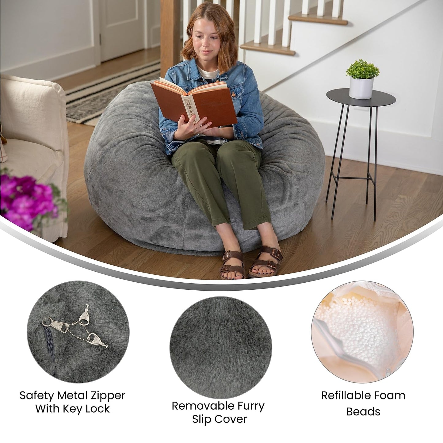 Flash Furniture Duncan Oversized Gray Furry Bean Bag Chair for Kids and Adults