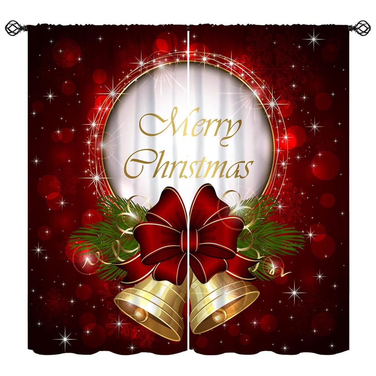 Merry Christmas Curtains Red Sparkling Dingdang Winter Christmas Holiday Bell Festivals Atmosphere Blackout Window Treatment for Happy Festival Living Room Bedroom Home Decor Window Drapes 52"W X 84"L