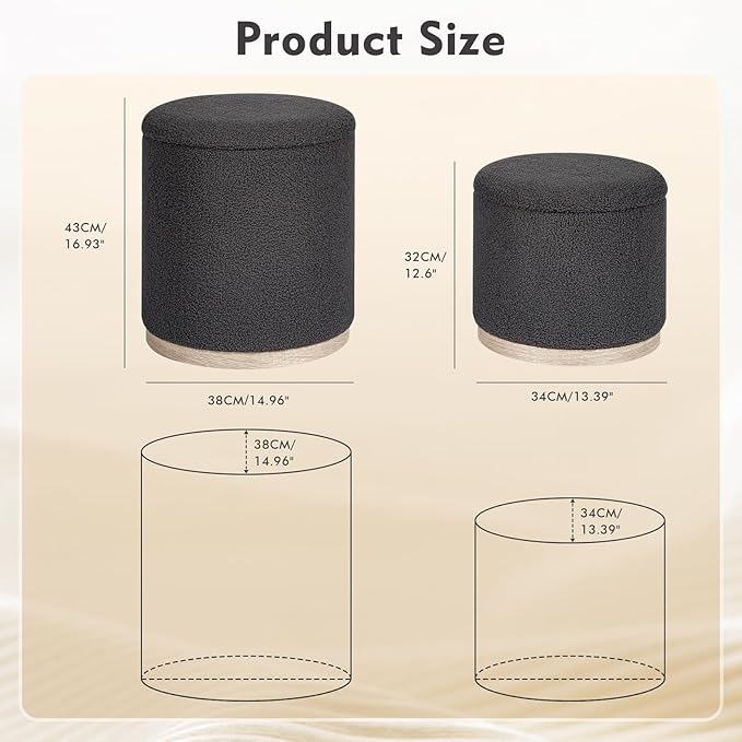 PINPLUS Round Ottoman with Storage Set of 2, Storage Ottoman with Tray