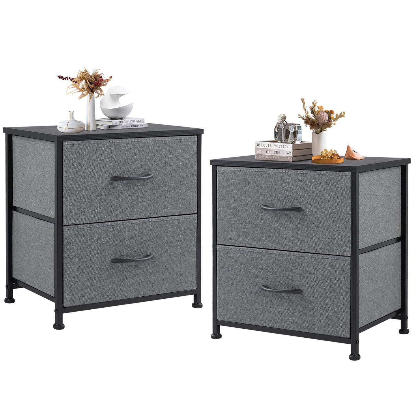 DUMOS Nightstand Set of 2, Small Dresser with 2 Fabric Drawers Side Bedroom End Table Kids Bedside Storage Furniture for 25 inch Tall Night Stand for Closet, Entryway, College Dorm, Grey, M-2 Pack
